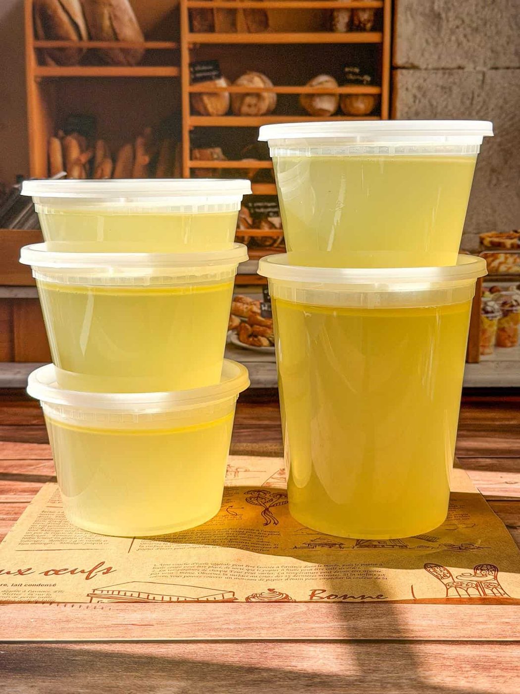 Five plastic containers filled with yellow liquid labeled Homemade Chicken Broth sit stacked on a table. In the bakery background, shelves of bread and pastries glow in the sunlight, creating a warm and inviting atmosphere.