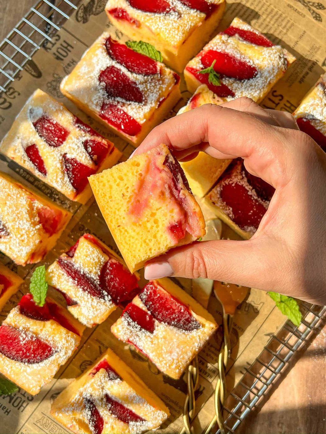 A hand holds a piece of yellow sponge cake with red plum slices and powdered sugar, with more cake squares arranged on a cooling rack lined with paper underneath.