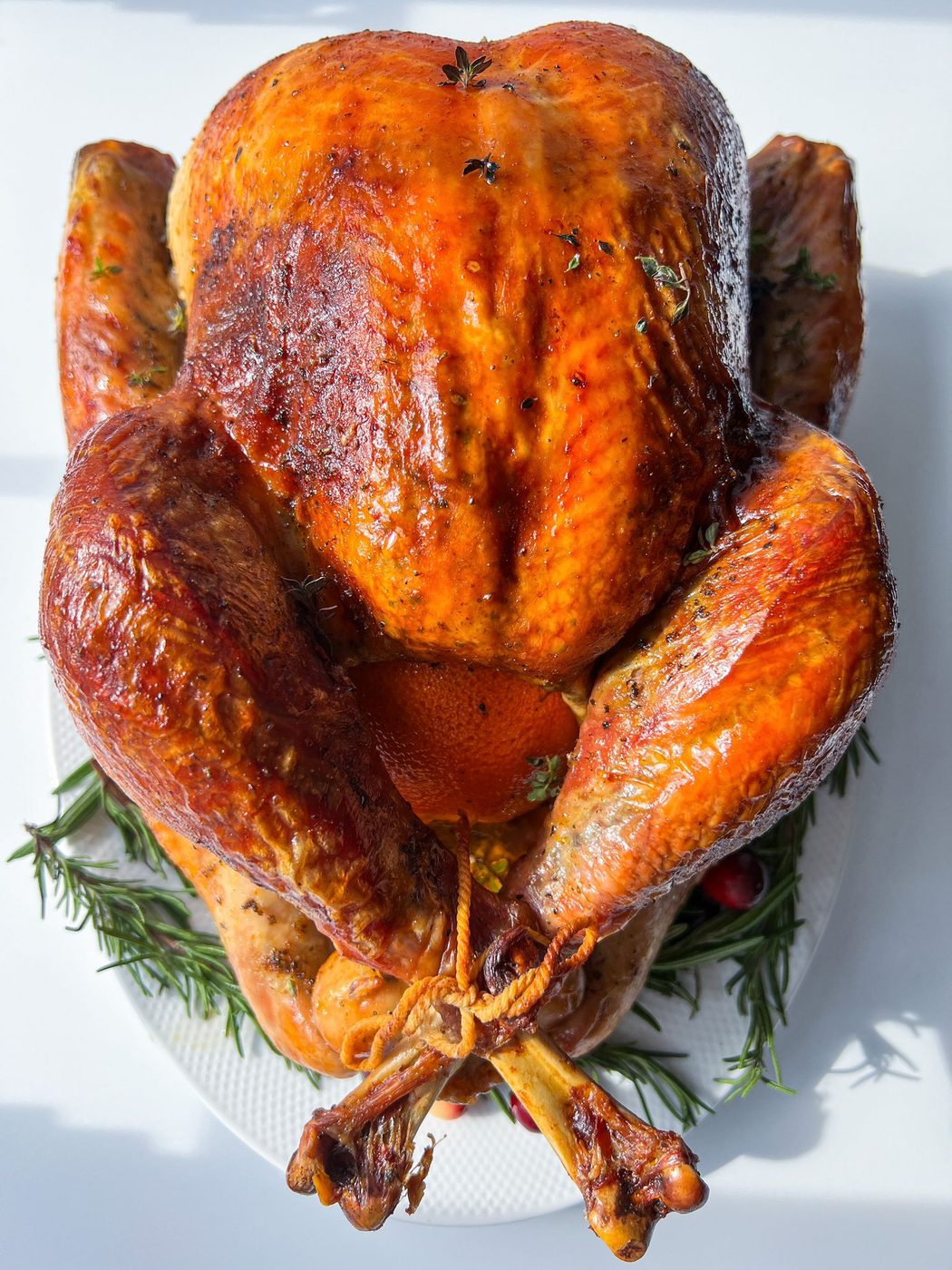 An Thanksgiving Turkey, golden-brown and roasted to perfection, rests on a platter garnished with fresh rosemary. Its crispy, glistening skin is richly seasoned, while a savory stuffing fills the cavity.