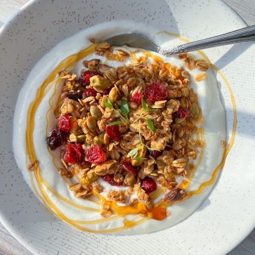 A bowl of creamy yogurt topped with granola, dried cranberries, and seeds, drizzled with honey, garnished with fresh mint. A spoon rests in the bowl, set on a light wood surface with natural sunlight casting shadows.