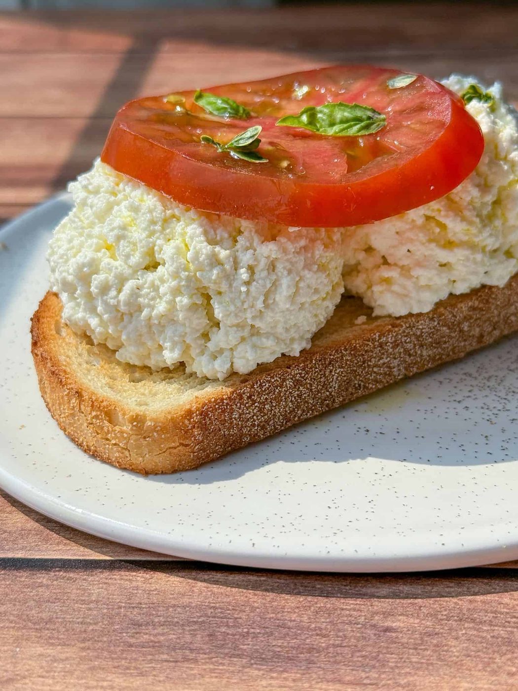A slice of toasted bread topped with generous scoops of ricotta cheese, a thick slice of tomato, and small basil leaves, served on a white plate on a wooden table.