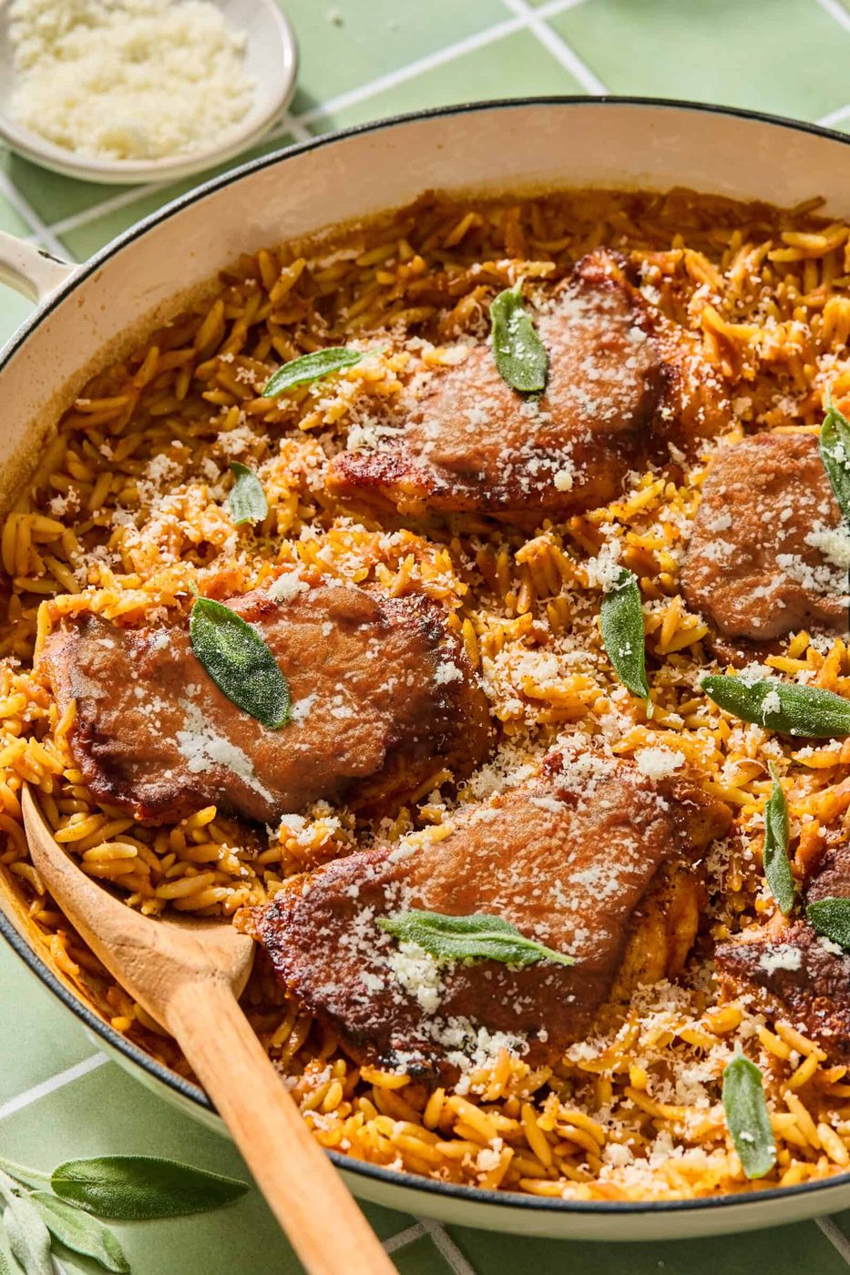 Skillet pork chops with orzo, sage, and Parmesan cheese