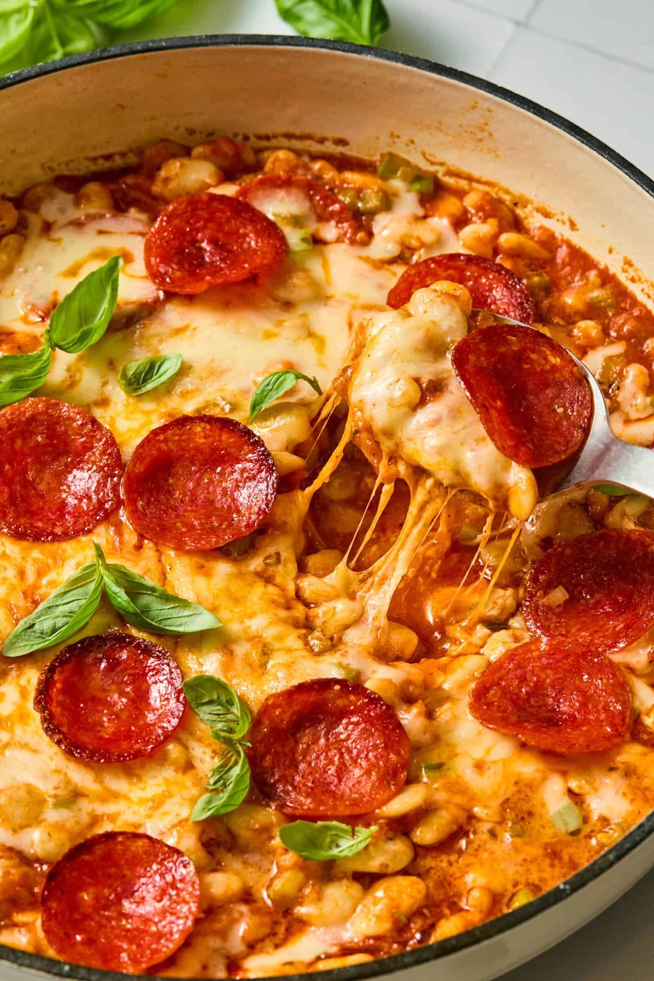 Cheesy pepperoni pizza beans in a skillet
