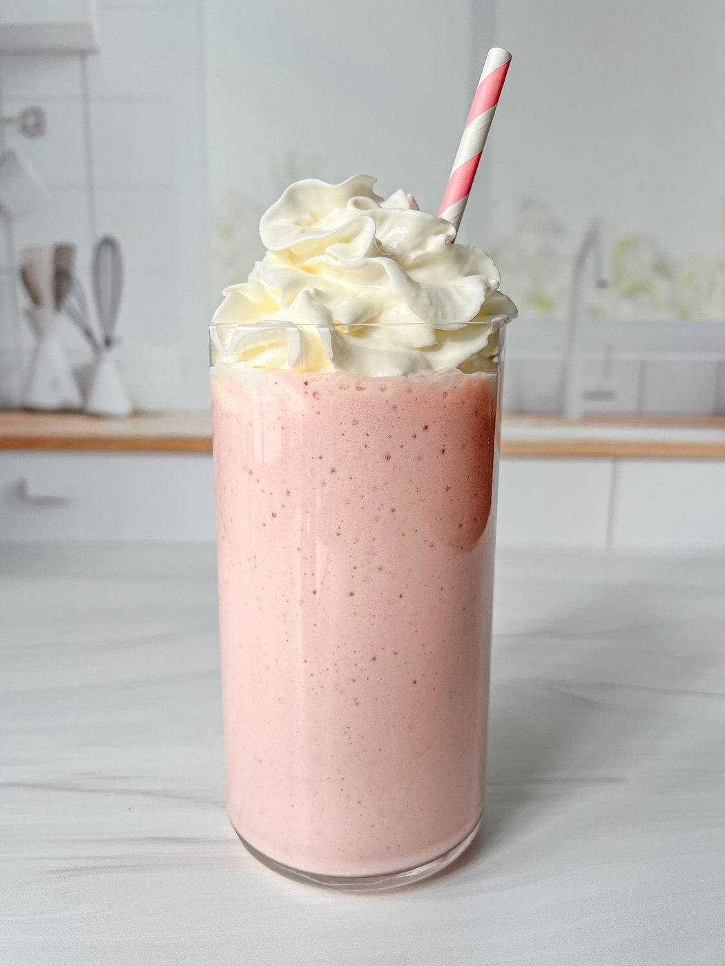 A tall glass filled with a strawberry protein shake topped with swirls of whipped cream, and a pink and white striped straw. The background shows a blurred kitchen setting.
