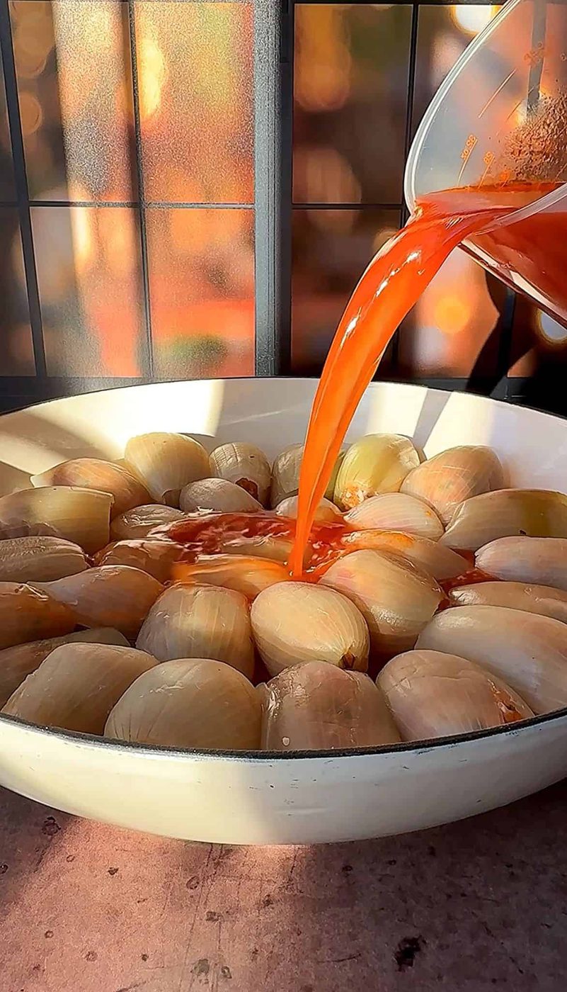 A bowl filled with halved onions is being drenched with a vibrant red sauce poured from a container, against a backdrop of warm, blurred lighting and window shadows.