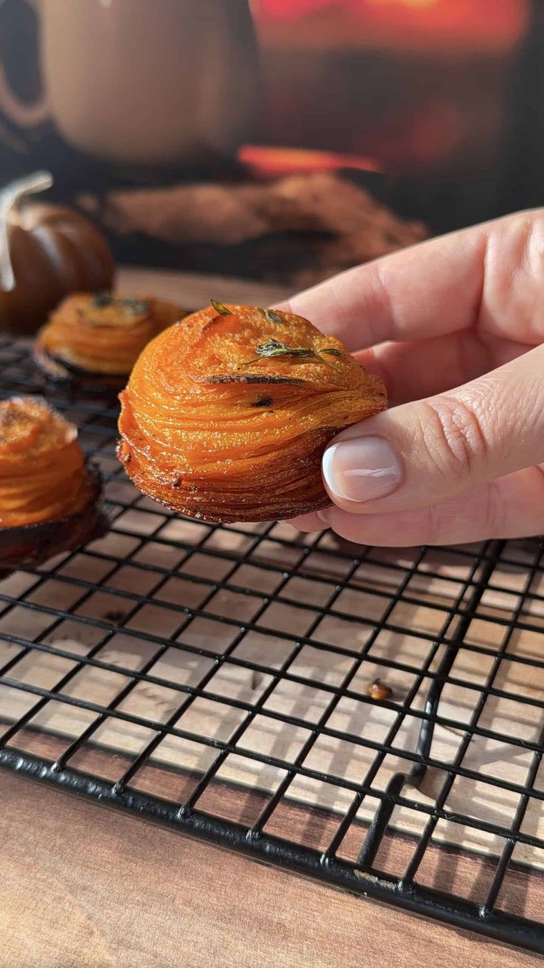 A hand holds a small, spiral-shaped Sweet Potato Stack on a cooling rack, with more stacks and a blurred background visible.