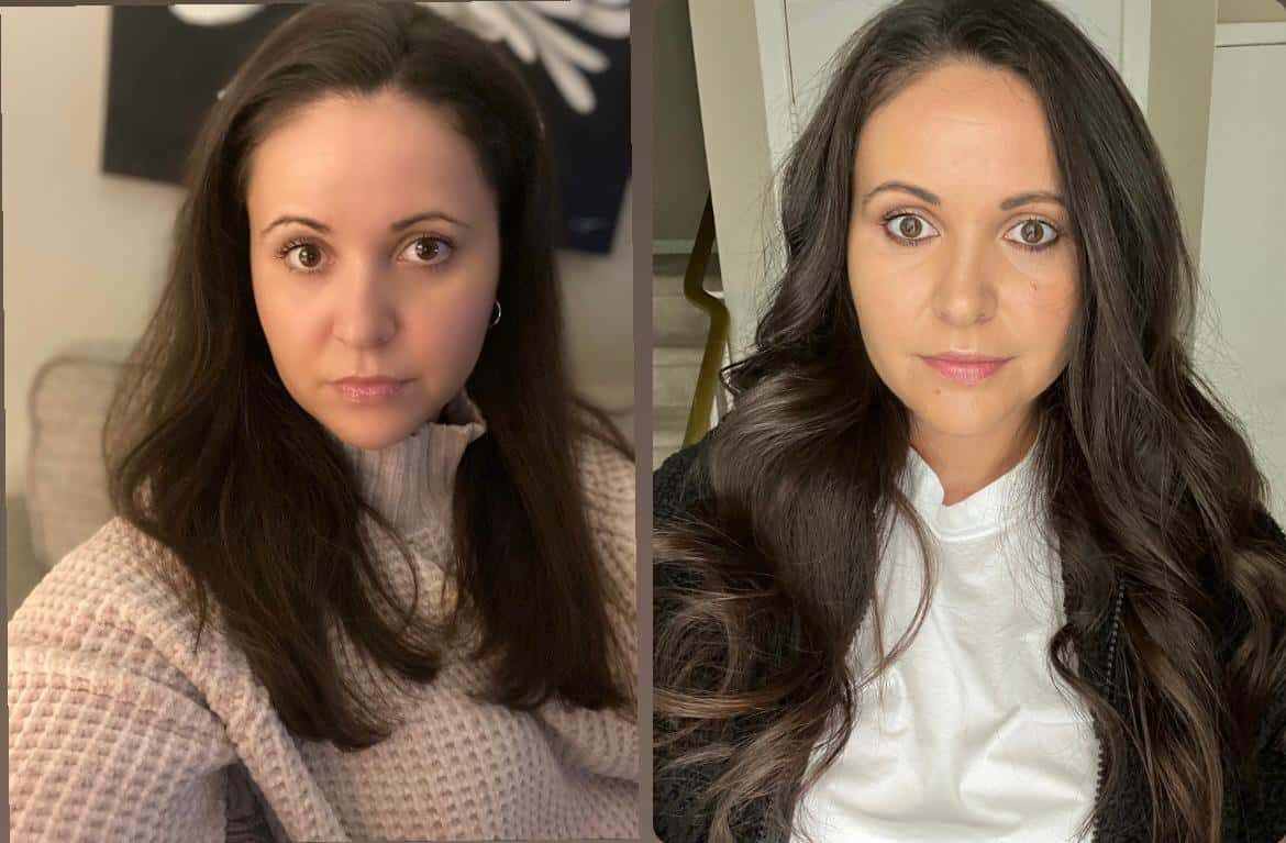 A woman with long, dark hair is shown in two side-by-side photos. On the left, she wears a light knit sweater; on the right, she wears a white top and dark jacket. She looks directly at the camera in both images.