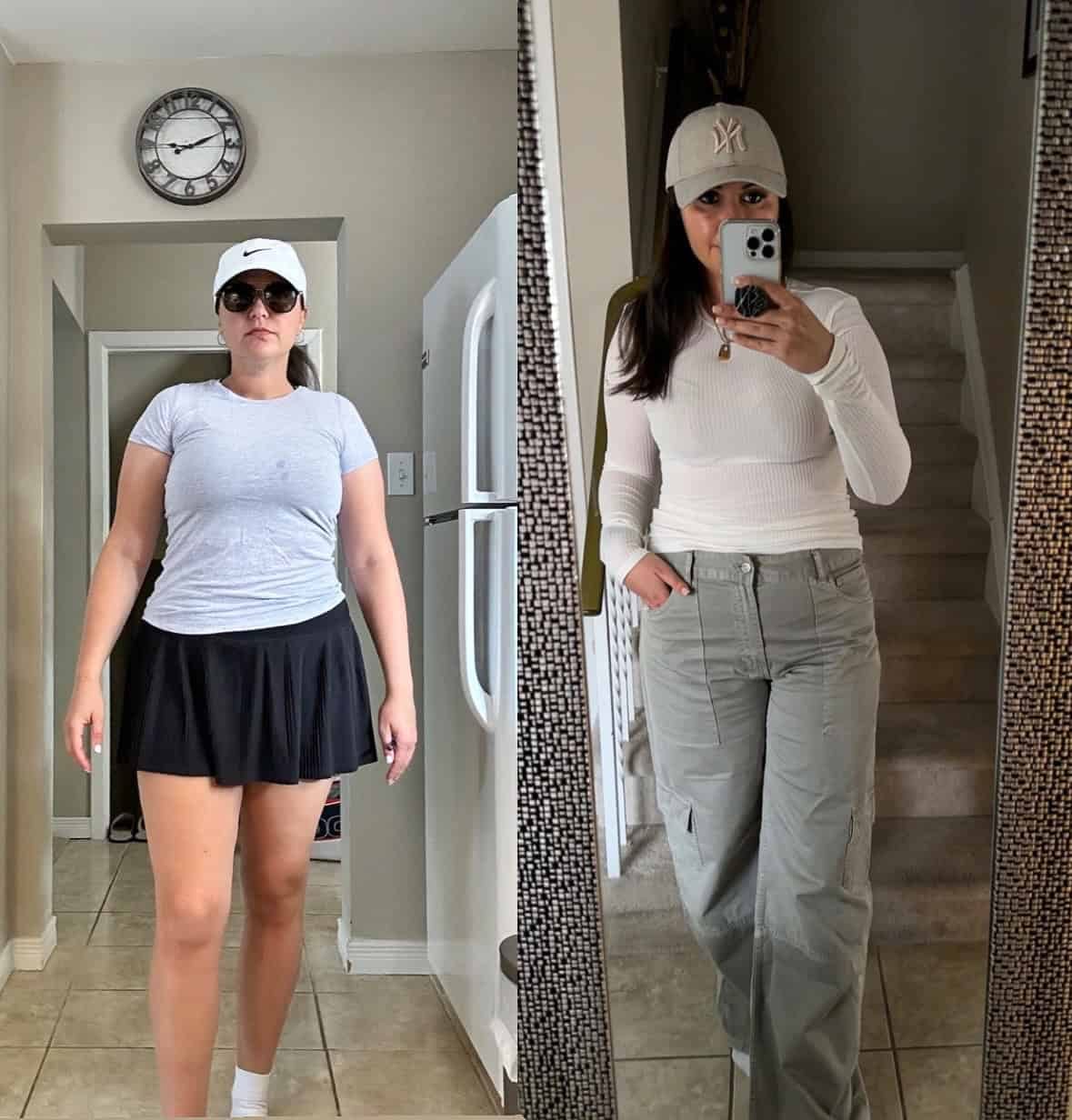 Two side-by-side images of a woman. Left: Wearing a gray shirt, black skirt, sunglasses, Nike cap, standing before the weight loss. Right: Wearing a white long-sleeve top, gray pants, cap, taking a mirror selfie after the weight loss. Both images show her indoors.