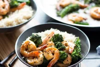 Sticky Honey Sesame Shrimp with Crisp Broccoli