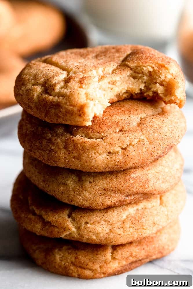 A beautiful stack of perfectly baked brown butter snickerdoodle cookies, showing their soft texture and golden edges.