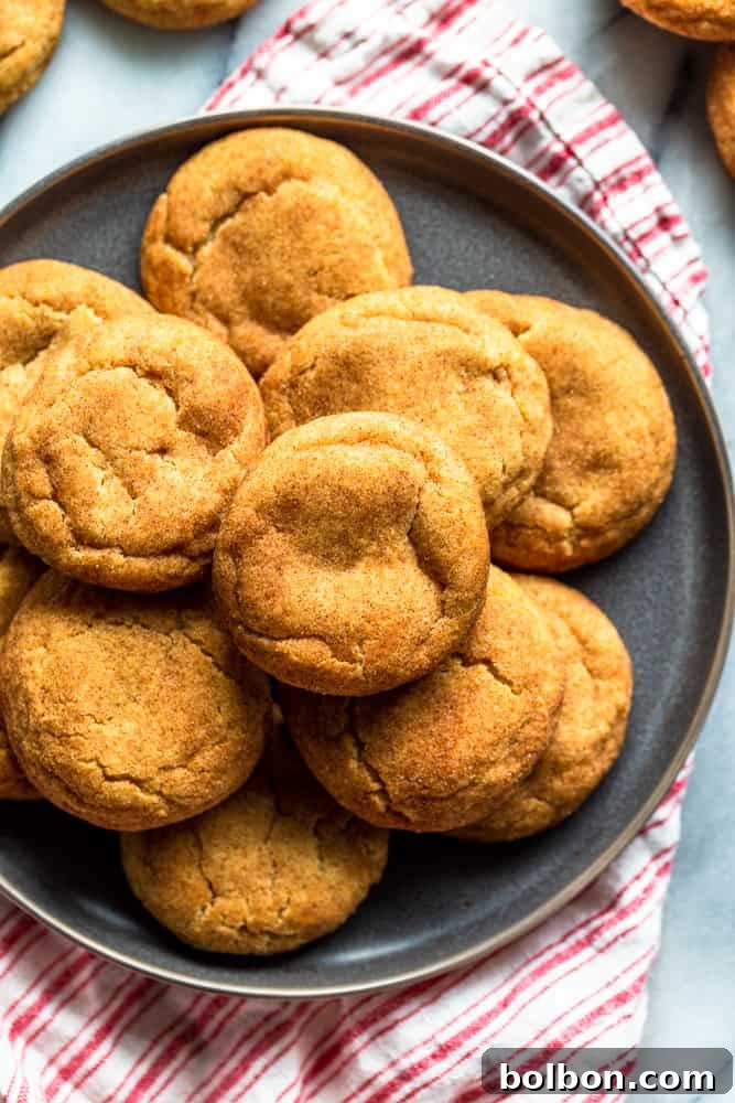 A close-up shot of a pile of freshly baked, golden brown butter snickerdoodles on a rustic grey plate.