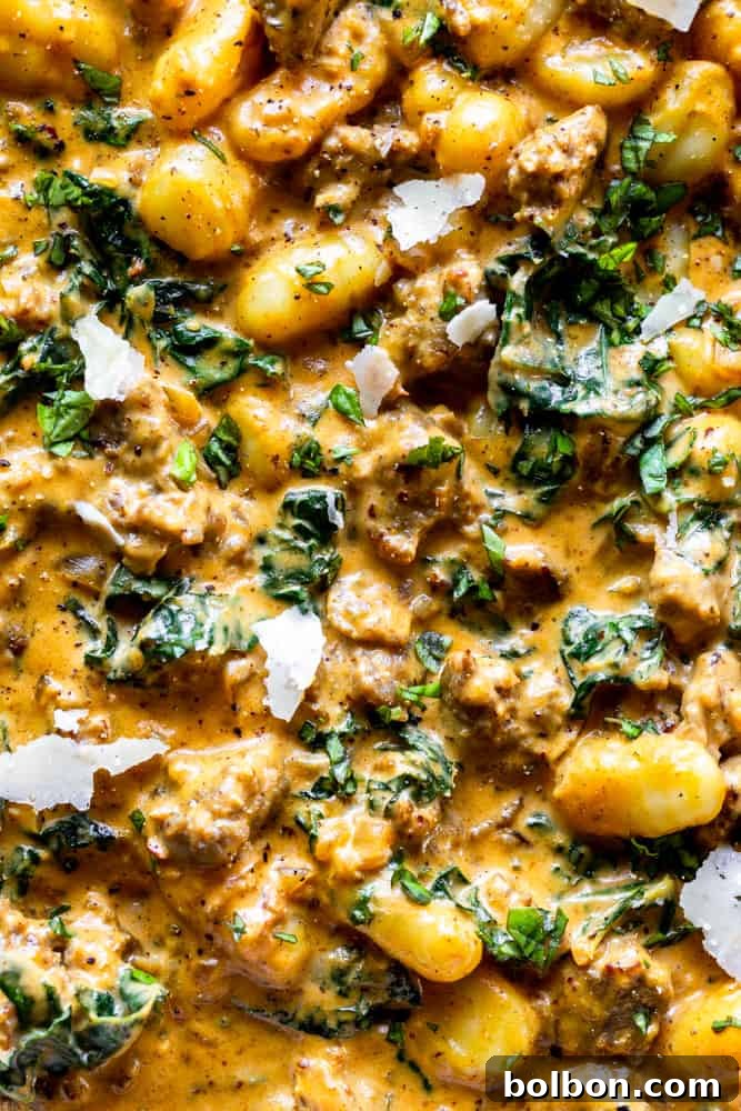 Ready-to-serve gnocchi, a perfect blend of pumpkin, sausage, and kale. A close-up shot of the finished pumpkin and sausage gnocchi, showcasing its creamy texture and fresh kale.