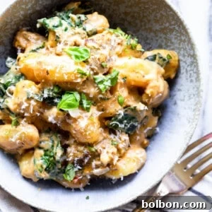 Velvety Pumpkin Sausage Gnocchi 2 Finished Creamy Pumpkin Sausage Gnocchi in a skillet