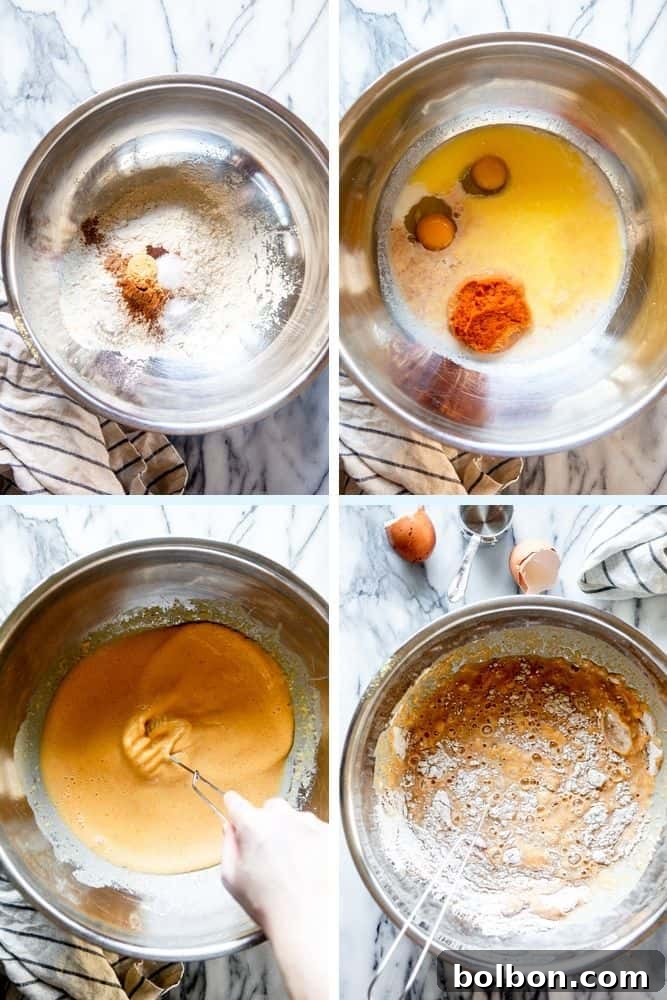 Four sequential images showing the process of mixing pumpkin pancake batter: dry ingredients in a bowl, wet ingredients in another, wet ingredients being whisked, and finally, dry and wet ingredients combined into a lumpy batter.