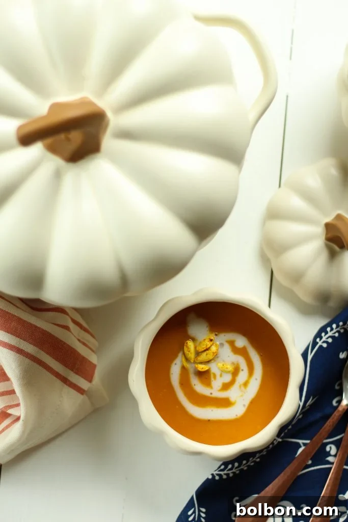 A vibrant and appetizing bowl of Vegan Gluten-Free Roasted Pumpkin Coconut Curry Soup, garnished with fresh cilantro and a swirl of coconut milk, set against a rustic background.
