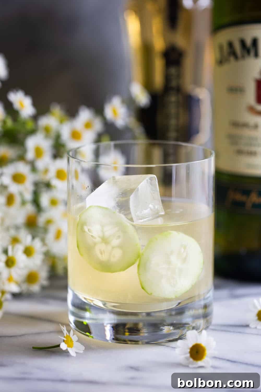 Close-up shot of an Irish Maid cocktail garnished with two thin cucumber slices, on a light background.