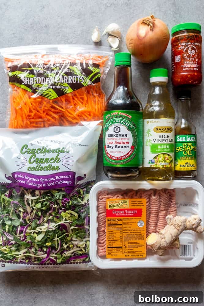A flat lay photograph showcasing the fresh ingredients required for Egg Roll in a Bowl: shredded carrots, thinly sliced onion, minced garlic, a bag of cruciferous coleslaw mix, low sodium soy sauce, rice vinegar, sesame oil, chili garlic sauce, ground turkey, and fresh ginger
