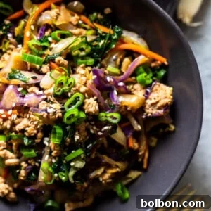 A top-down view of a vibrant Egg Roll in a Bowl, garnished and ready to be served