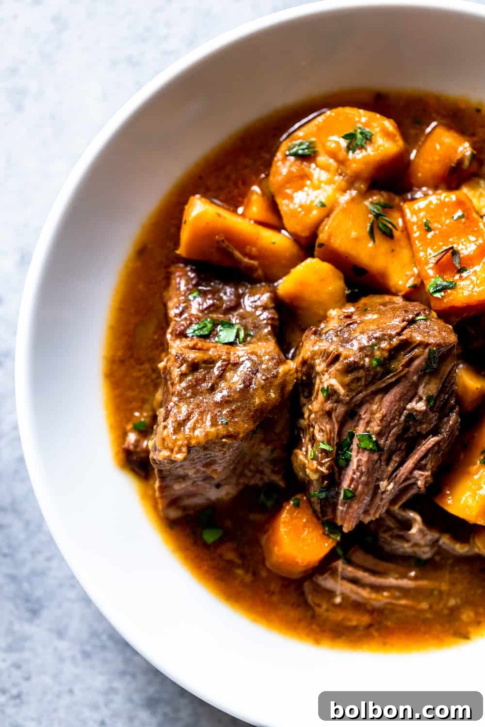 Close-up of a serving of Slow Cooker Irish Beef Stew, ready to be enjoyed.