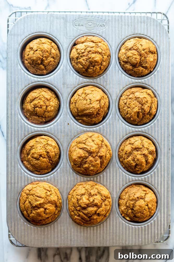 Naturally Sweet Pumpkin Banana Muffins 3 Freshly baked pumpkin banana muffins cooling in a non-stick muffin tin, showing their perfectly risen and golden tops.