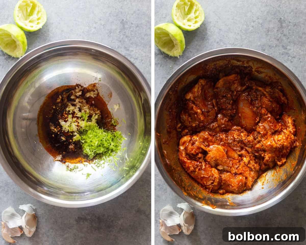 Before and after view of chili lime chicken marinade, showing the vibrant mixture and then the boneless, skinless chicken thighs coated and marinating, ready for a flavorful bake.