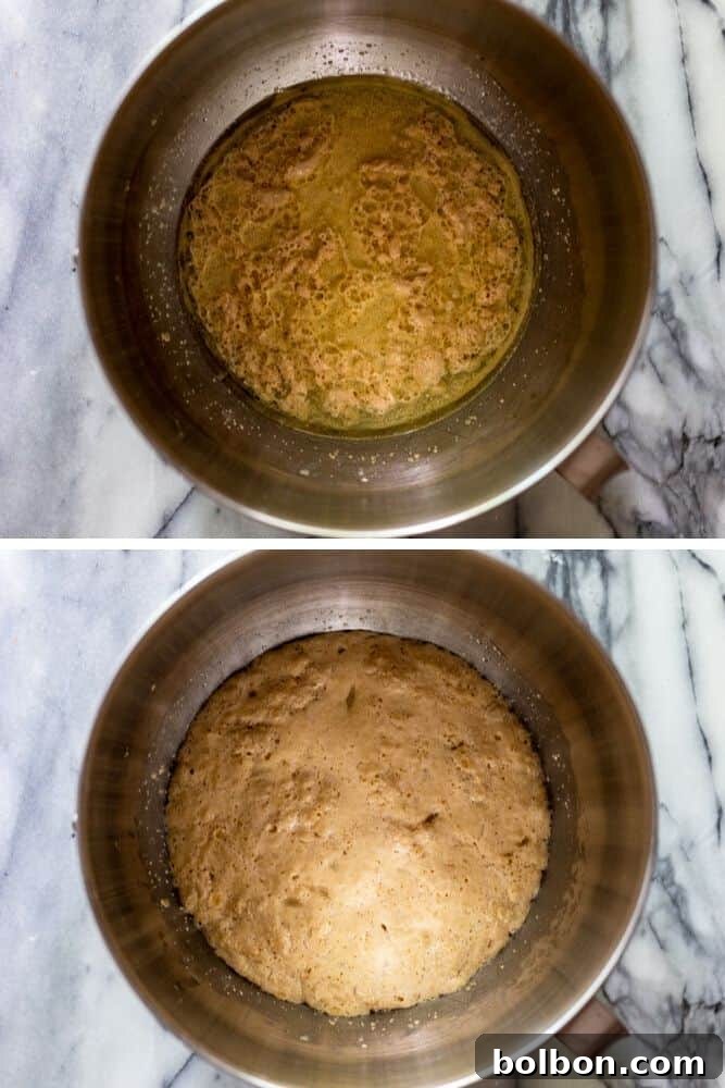 A close-up shot of activated yeast, warm water, oil, and sugar mixture, foamy after five minutes, indicating active yeast is ready.