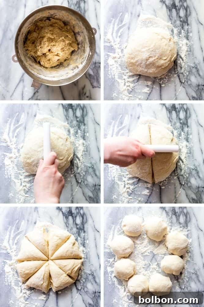 Step-by-step visual guide showing dough being mixed in a bowl, shaped into a smooth ball, cut in half, then into fourths, into eight equal pieces, and finally each piece rolled into an individual bun.