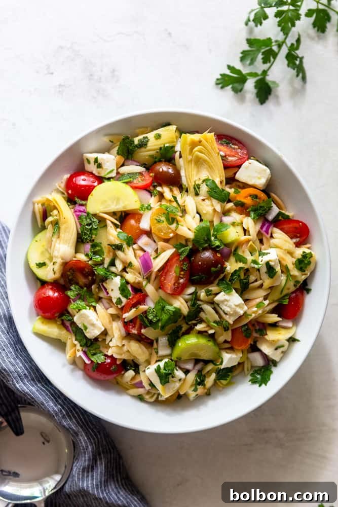 Vibrant Mediterranean Orzo Salad 2 Vibrant Mediterranean Orzo Salad in a white bowl, garnished with fresh herbs, ready to be served as a healthy and refreshing side dish