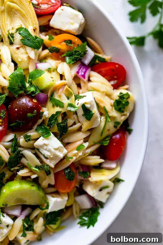 Vibrant Mediterranean Orzo Salad 6 Close-up of Mediterranean Orzo Salad featuring vibrant red tomatoes, crumbled white feta cheese, and green herbs, providing a fresh and appetizing view of the dish