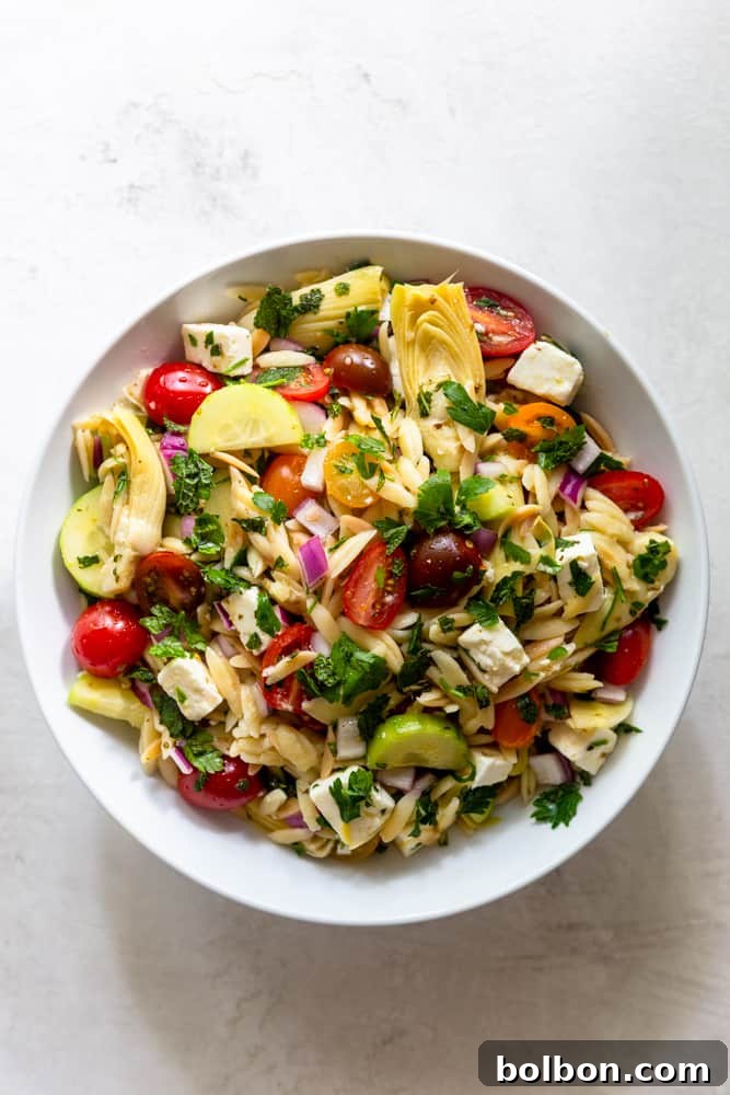 Vibrant Mediterranean Orzo Salad 8 A bowl of fresh Mediterranean Pasta Salad, showcasing the colorful ingredients like tomatoes, cucumbers, feta, and herbs, perfect for a healthy and delicious meal