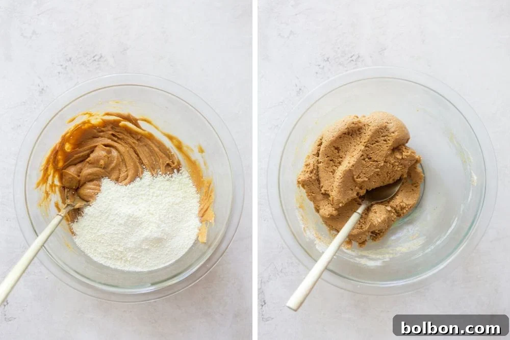 Honey-Sweetened Peanut Butter Power Bites 4 A visual comparison of peanut butter energy ball ingredients before and after mixing, showing the transformation into a smooth dough