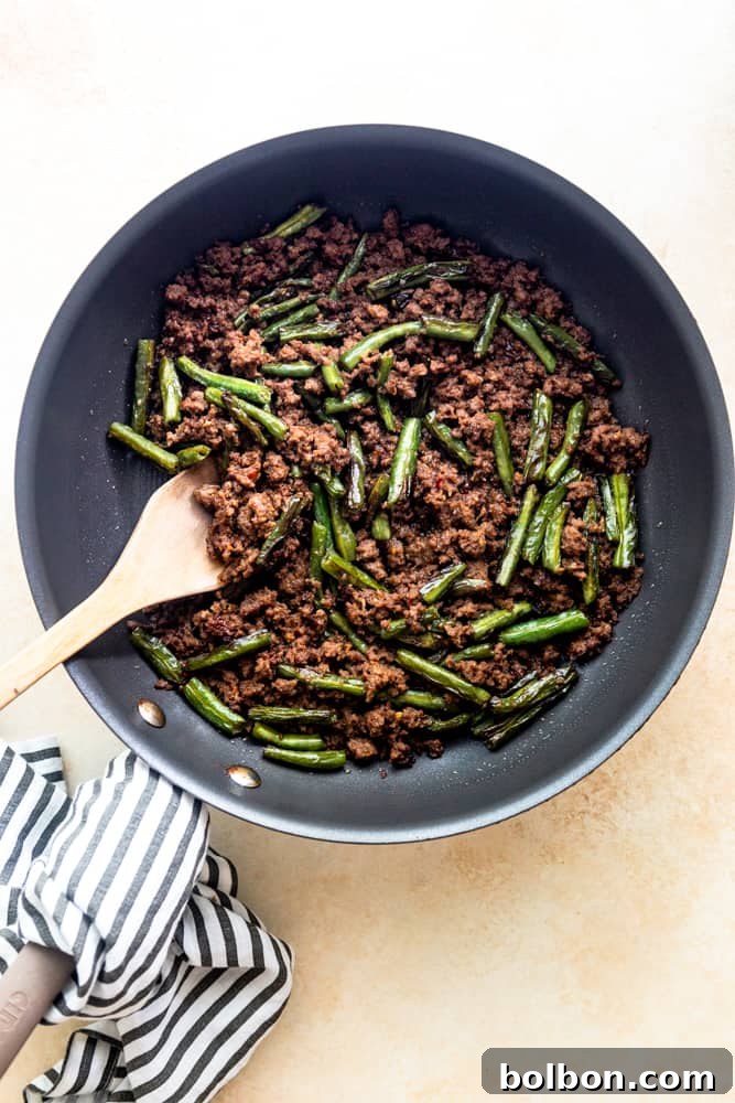 A serving of Green Bean and Ground Beef Stir Fry, garnished and ready to eat
