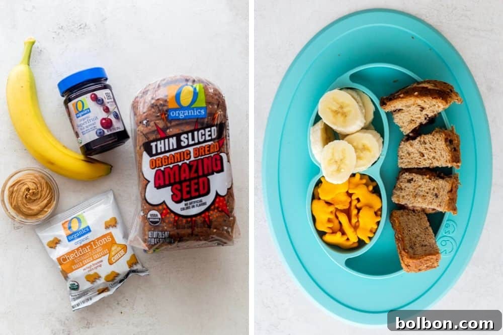 Table setting with the first toddler lunch idea: peanut butter and jelly sandwich, crackers, and banana