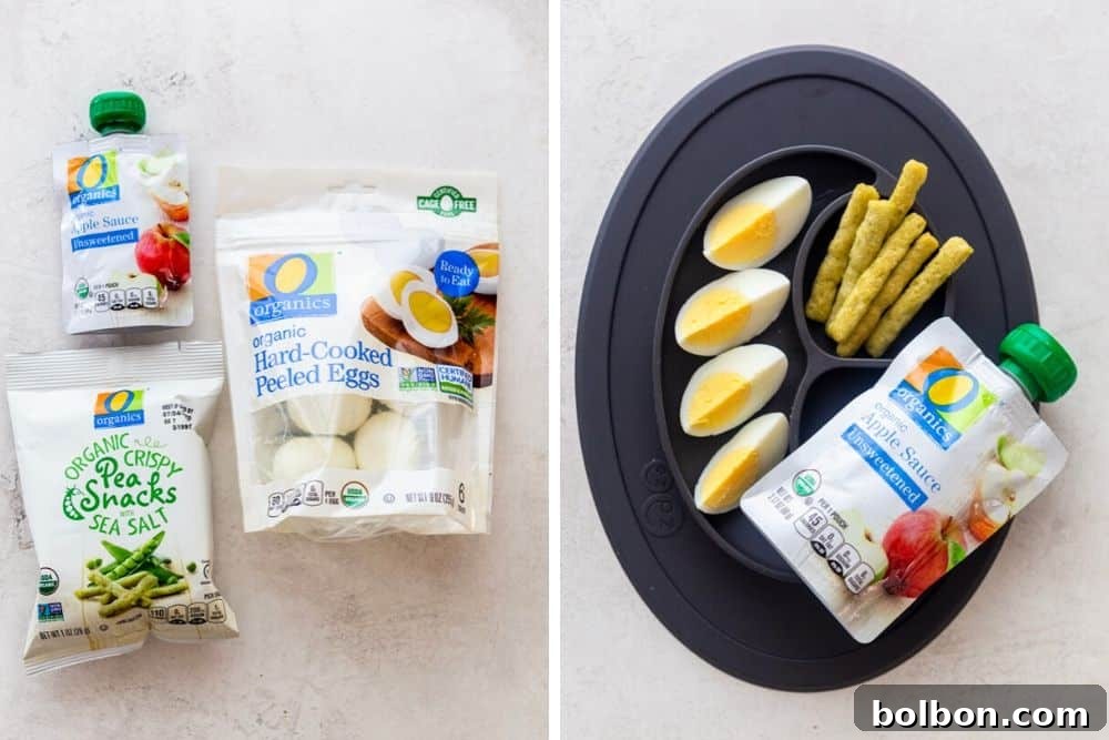 Third toddler lunch idea: hard-boiled egg, crispy pea snacks, and applesauce pouch