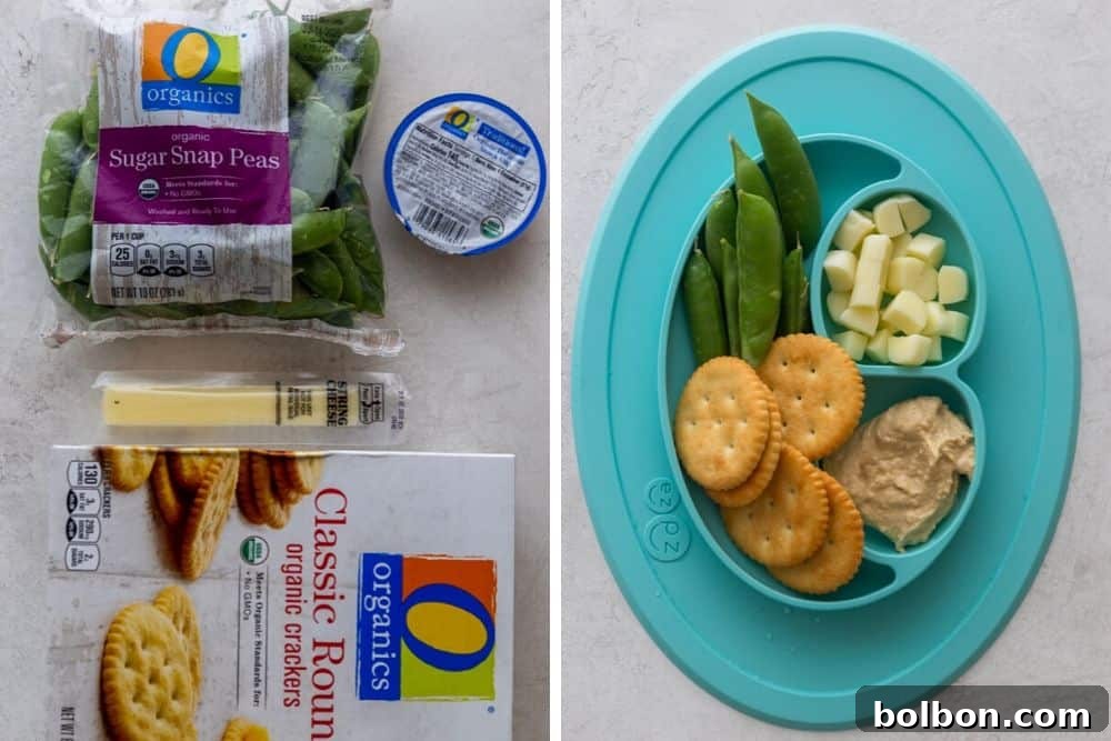 Fourth toddler lunch idea: crackers, hummus, snap peas, and string cheese