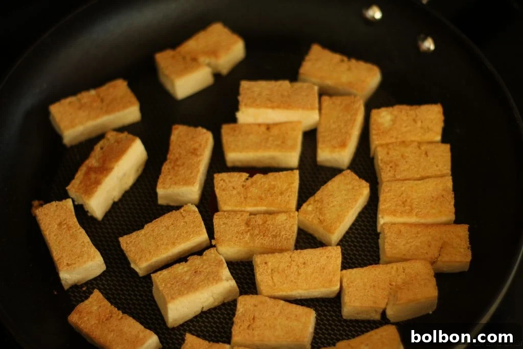 Perfect Tofu Secrets 12 Crispy golden-brown tofu pieces, perfectly pan-fried and ready to be sauced or served.