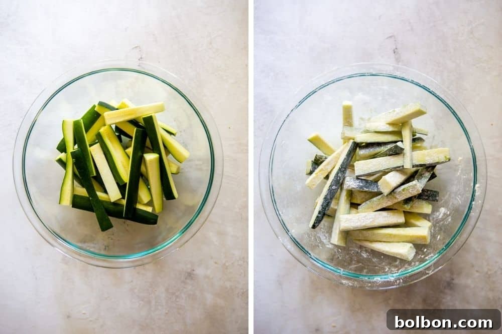 Golden Baked Zucchini Sticks 3 Two bowls showing zucchini sticks: one bowl with plain zucchini before being tossed in flour, and another bowl with zucchini lightly coated in flour.