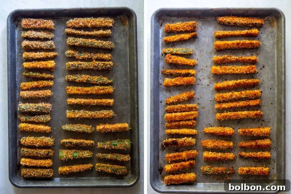 Golden Baked Zucchini Sticks 5 A baking sheet with zucchini fries, showing a 'before' section with uncooked, breaded fries and an 'after' section with golden, crispy baked zucchini fries.