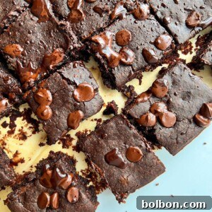 Close-up of sliced Black Bean Brownies on a light surface, topped with melted chocolate chips. The brownies are cut into squares, with some pieces slightly separated, revealing their rich, fudgy texture.