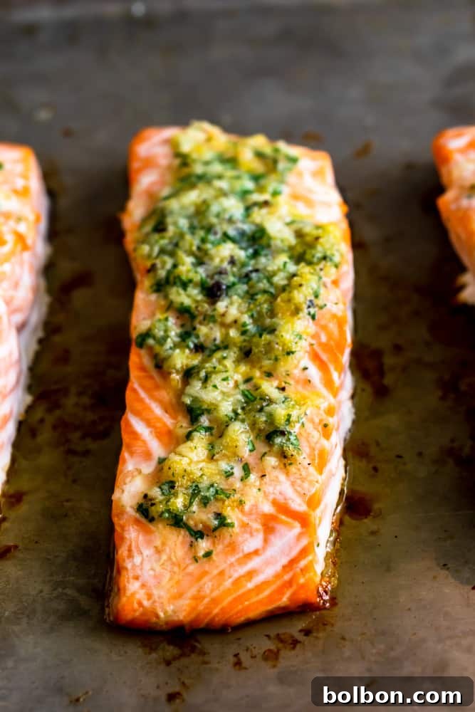 Close-up of a perfectly baked salmon filet, showing its moist, flaky texture