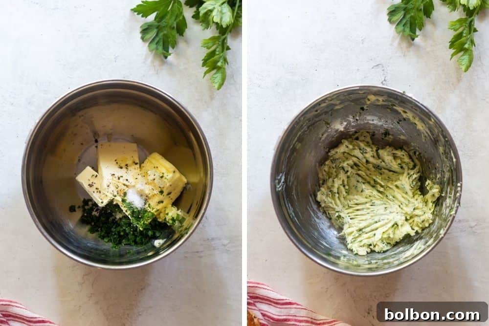 The Ultimate Easy Garlic Bread 3 Side by side photos showing ingredients for garlic butter before and after mixing, displaying fresh butter, garlic, and parsley