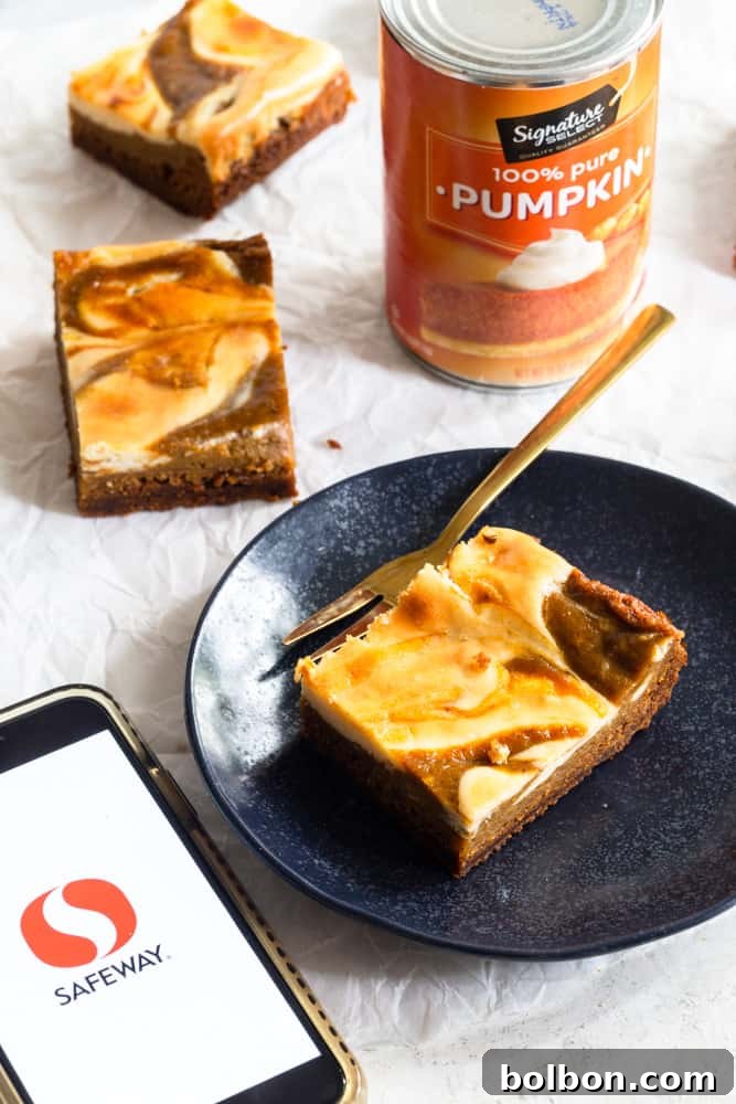 A single Pumpkin Cream Cheese Bar elegantly presented on a black plate, highlighting its layers and swirl, perfect for a gourmet fall treat. Keywords: single pumpkin bar, plated dessert, fall elegance, gourmet treat.