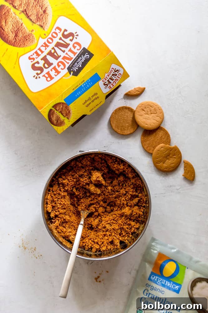 Crushed gingersnap cookie crumbs in a mixing bowl, ready to be combined for the crust. Keywords: gingersnap crumbs, cookie crust, baking prep, dessert base.