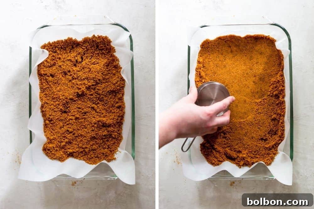 Two images: gingersnap crumbs in a baking pan, and a measuring cup pressing the crust firmly into the pan. Keywords: pressing crust, baking technique, homemade gingersnap crust.