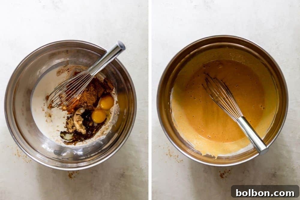 Two images: ingredients for pumpkin filling laid out, and the smooth, mixed pumpkin filling in a bowl. Keywords: pumpkin pie filling ingredients, mixing pumpkin batter, fall baking preparation.