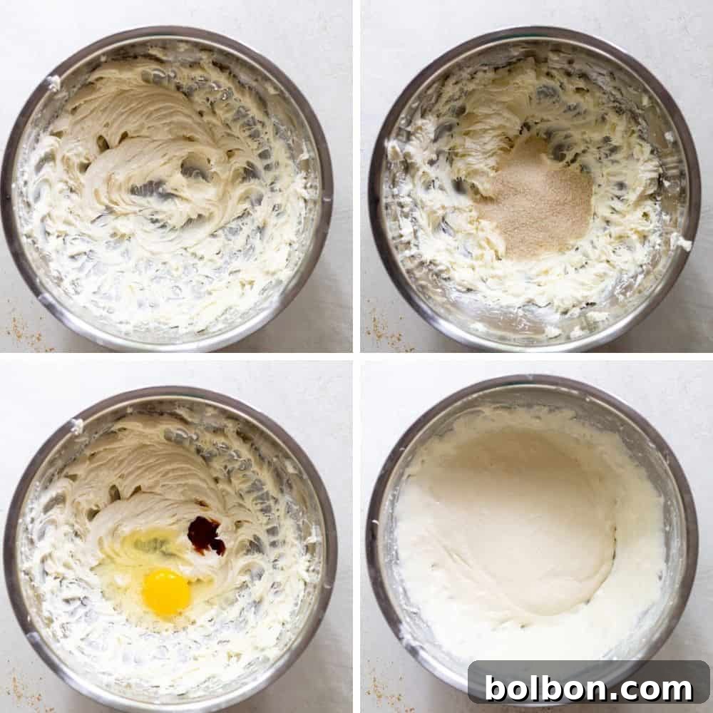 Three images showing the stages of preparing the cream cheese swirl mixture: softened cream cheese, then sugar added, then egg and vanilla mixed in. Keywords: cream cheese swirl process, whipping cream cheese, cheesecake layer preparation.