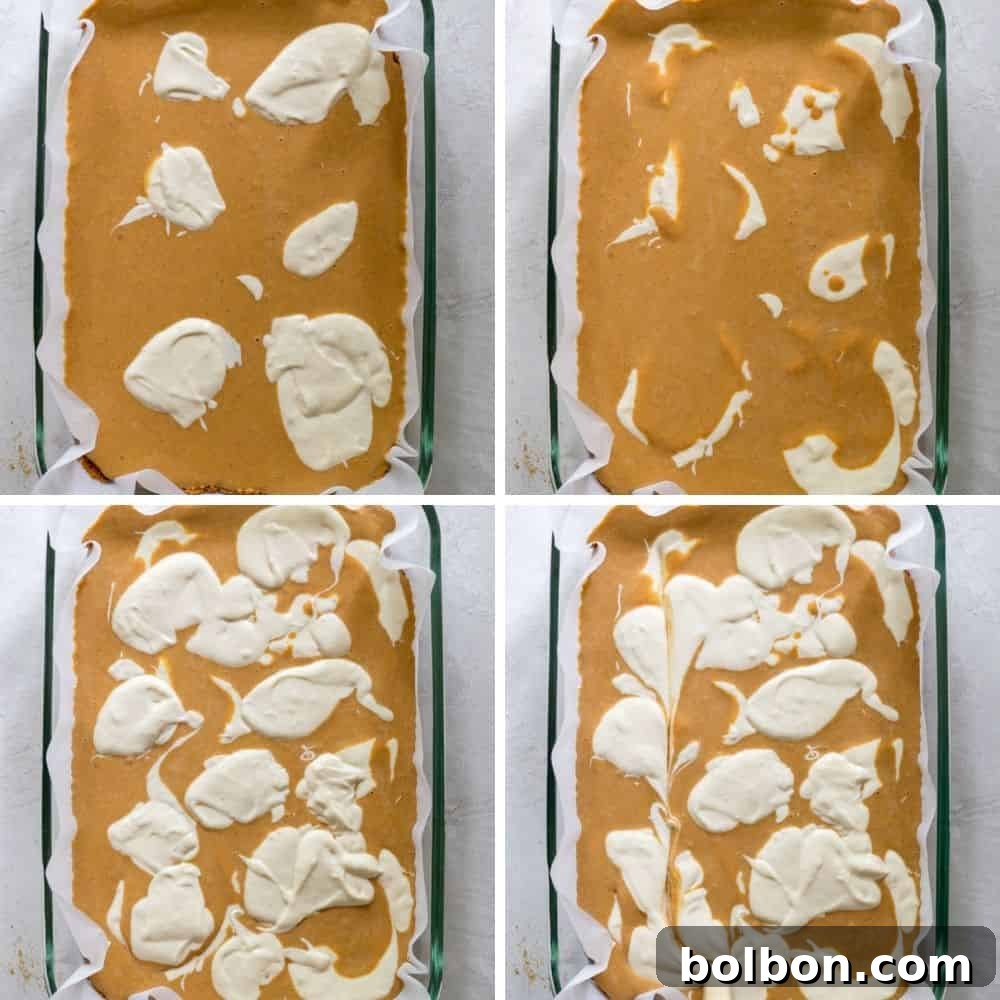 Four images showing the assembly of pumpkin cream cheese bars: pouring pumpkin batter, dolloping cream cheese, pouring more pumpkin, and dolloping remaining cream cheese for swirling. Keywords: layering dessert, cream cheese dollops, pumpkin batter, creating swirl effect.