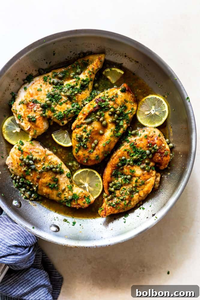 Chicken piccata with capers and lemon in a pan