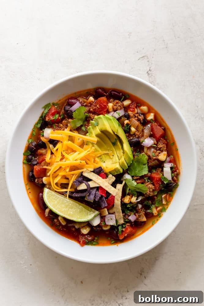 One-Pot Wonder Taco Soup 6 A pristine white bowl filled with a generous serving of colorful taco soup, garnished with a dollop of sour cream, a sprinkle of fresh cilantro, and a few crispy tortilla strips, ready to be enjoyed.