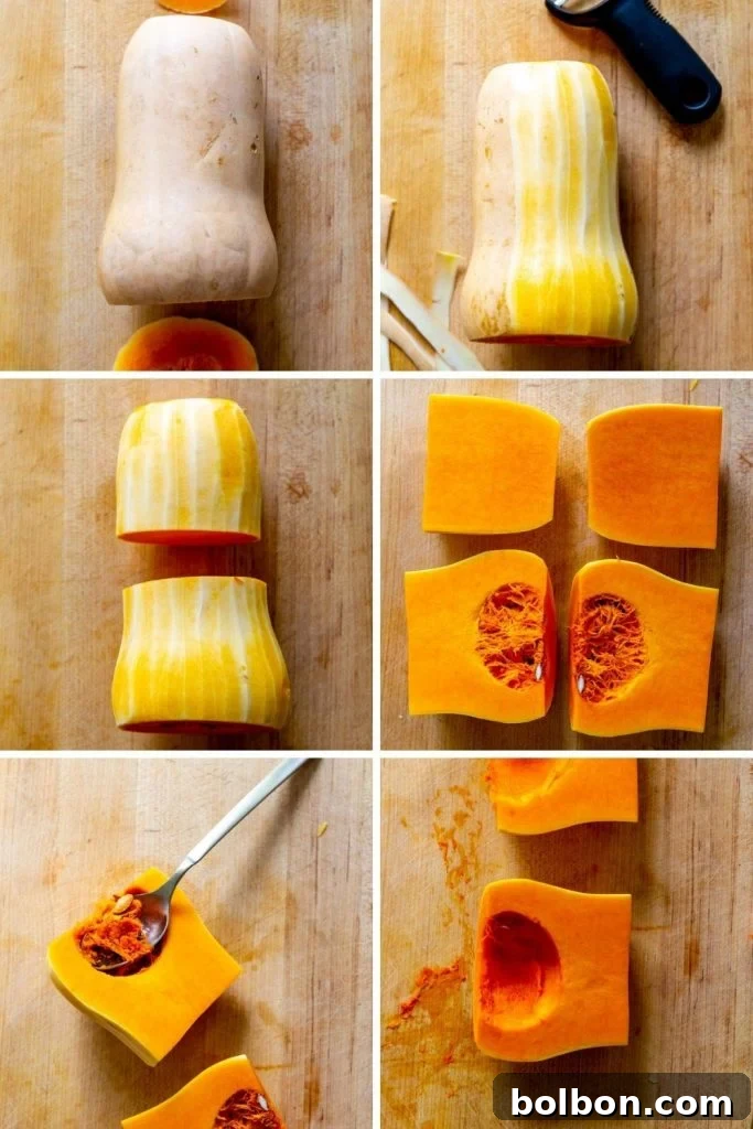 Your Guide to Perfect Butternut Squash Prep 3 Step by step photos showing butternut squash being peeled and cut. First ends cut off, then peeled, cut in half crosswise and then lengthwise. Seeds are then scooped out.